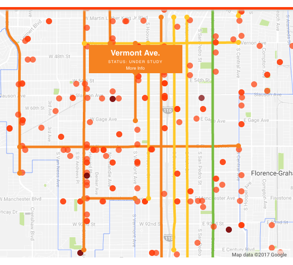 A screen shot of corridors along which improvements are being studied (yellow), designed (orange), or implemented (green). Source: Vision Zero L.A.
