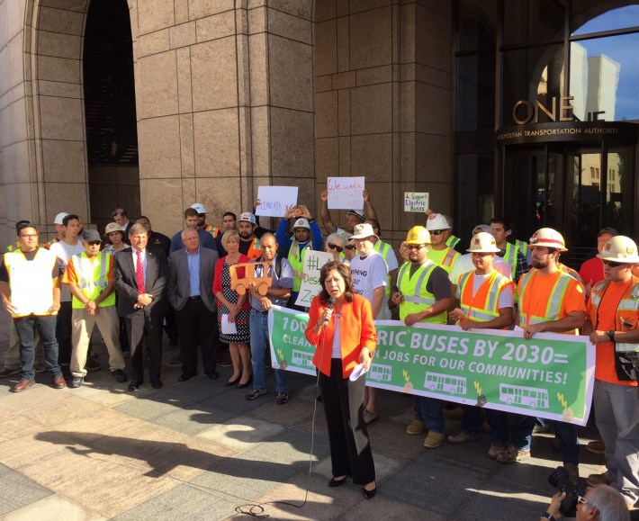 County Supervisor and Metro Boardmember Hilda Solis address this morning's pro-electrification rally which took place before the Metro board approved electric bus contracts. Photo by Joe Linton
