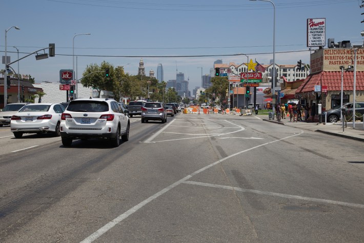 Cyclists will still have to navigate wide intersections in some places along Figueroa during construction. Sahra Sulaiman/Streetsblog L.A.