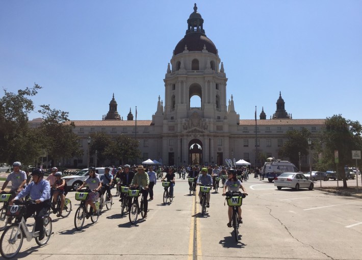 The initial bike-share bike distribution ride from Pasadena City Hall
