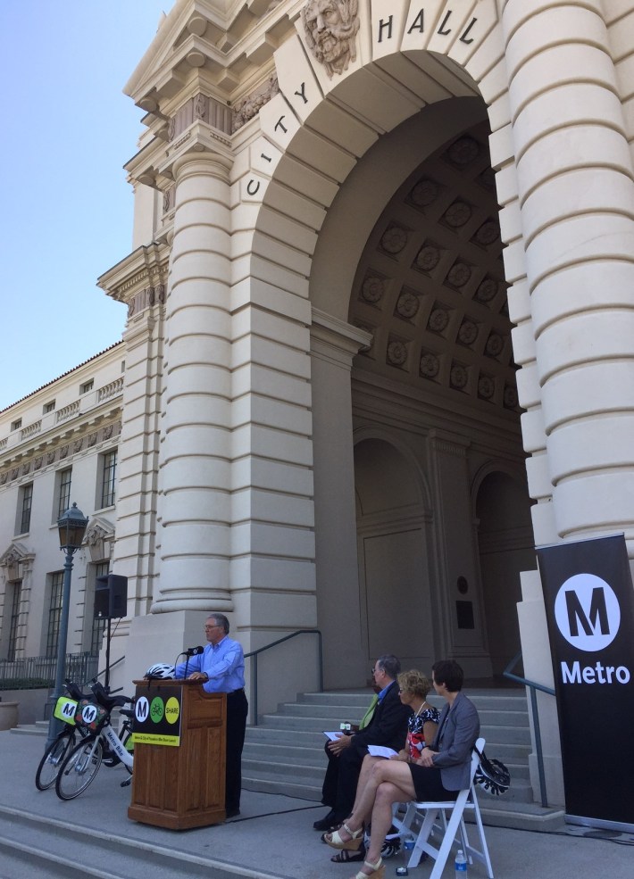 Mayor Terry Tornek speaking at Pasadena's bike-share kickoff