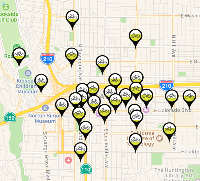 Pasadena bike-share locations as of today, via the Metro Bike Share app