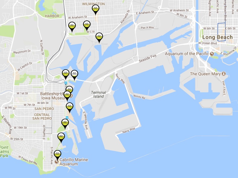 Map of Port of L.A. bike-share docks as of today. Screen capture from Metro Bike Share