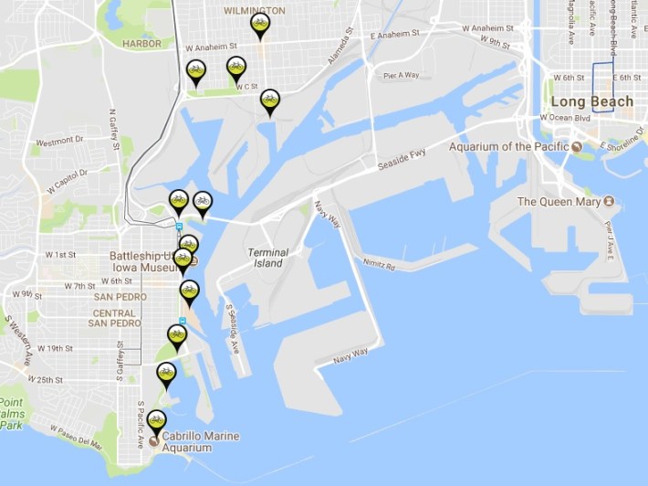 Map of Port of L.A. bike-share docks as of today. Screen capture from Metro Bike Share