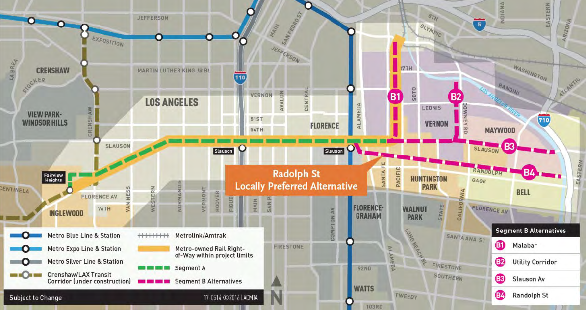 Segment A of the Rail-to-River bike and pedestrian path will run along Slauson between the Crenshaw and Blue Lines; Segment B will run along Randolph towards the river. Source: Metro