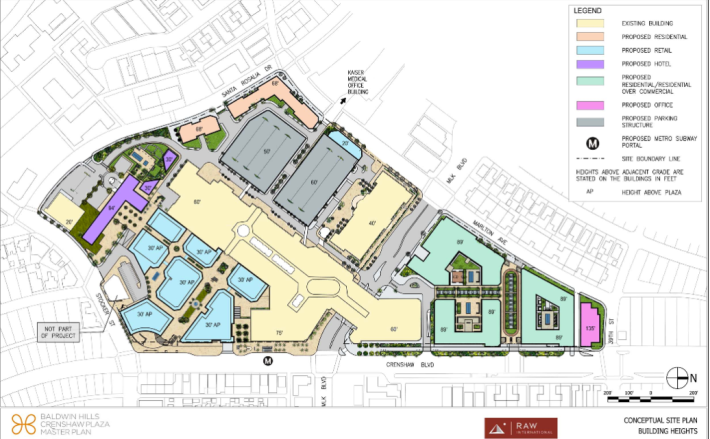 The plans for the Baldwin Hills Crenshaw Plaza include 961 residential units (in green and orange), a hotel (purple), new retail (blue and under the green residences), an office tower (pink), and 7 acres of open space and walking paths. Numbers on the buildings indicate heights. Rendering source: RAW International