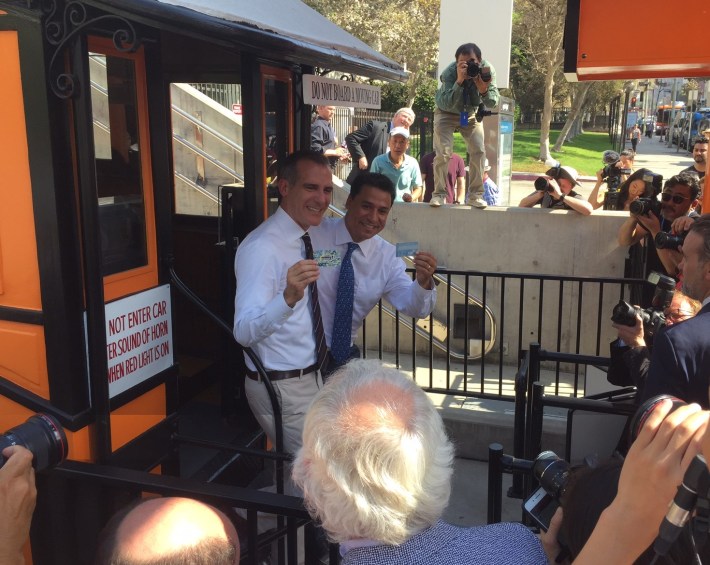 Mayor Eric Garcetti and City Councilmember José Huizar about to celebrate today's first ride up Angels Flight