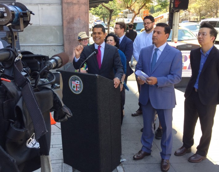 Assemblymember Santiago, Councilmember Huizar and others calling to fix antiquated state crosswalk law. Photo by Joe Linton/Streetsblog L.A.