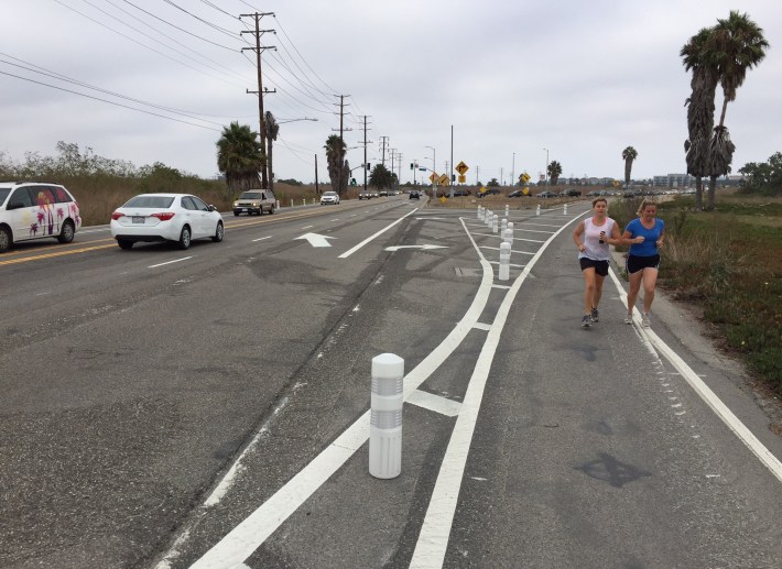 A portion of Playa Del Rey's Culver Boulevard (through the Ballona Wetlands) features a protected bike lane