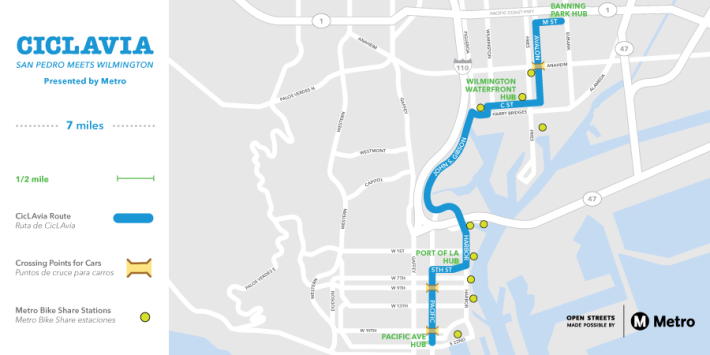 CicLAvia touches down in Wilmington and San Pedro for the first time this Sunday. Map via CicLAvia