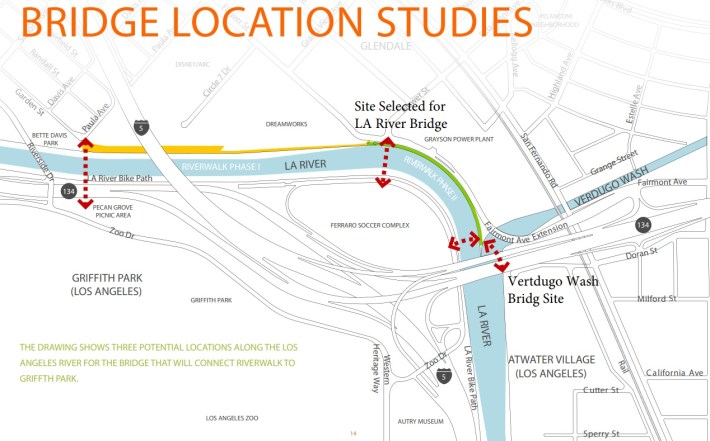 Possible Glendale Riverwalk bridge locations. Map via city of Glendale