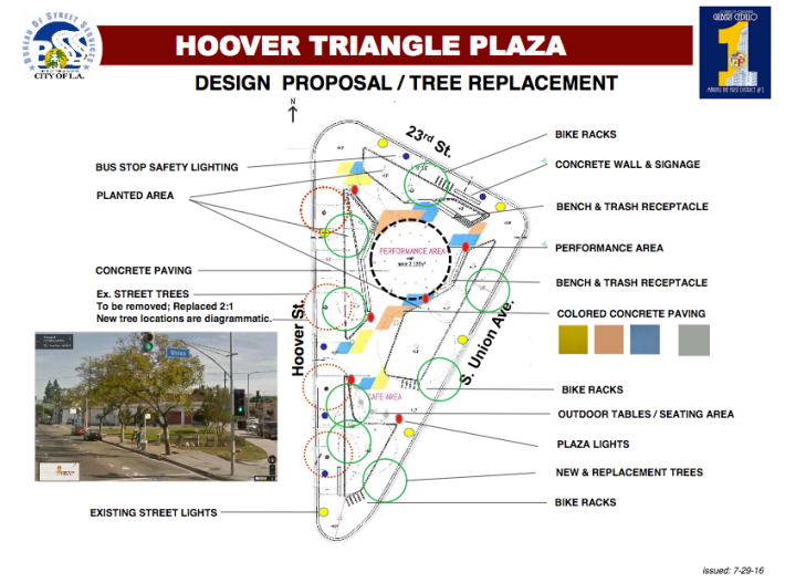 The rendering of the plaza from July, 2016. The red circles were the trees that were removed. The green circles indicate trees to be replaced. The trees planned for 24th did not go in along the sidewalk. Source: