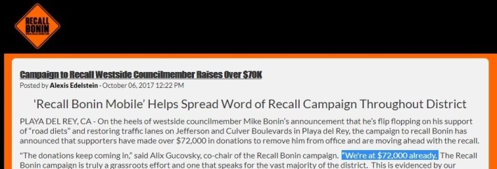 Screenshot of Recall Bonin website claiming more than $72,000 raised by October 6