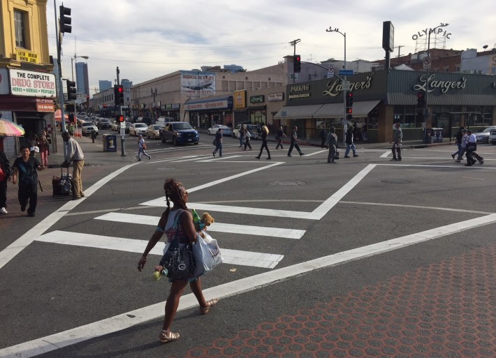 New diagonal pedestrian crossing at the intersection Alvarado Street and 7th Street