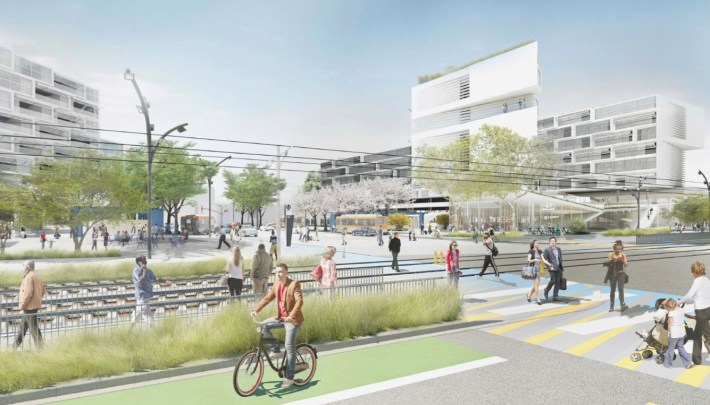 The transformation of Crenshaw at Exposition - the gateway to a historic black neighborhood - apparently also includes the rapture of the entire black population... save one undoubtedly confused person in cargo shorts. Source: Metro