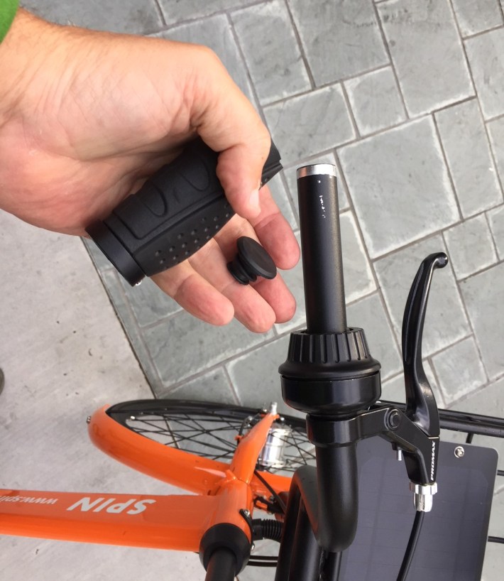 The handlebar grip failed on this Spin bike on the first day it was deployed in L.A.