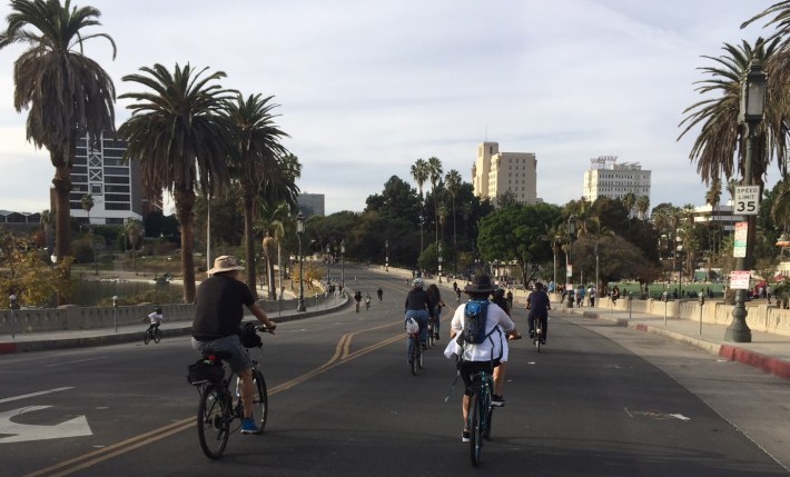 The CicLAvia route included this stretch where Wilshire cuts through MacArthur Park
