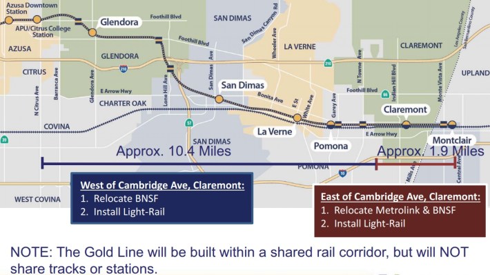 Foothill Gold Line phase 2B shared right-of-way. Map from Construction Authority
