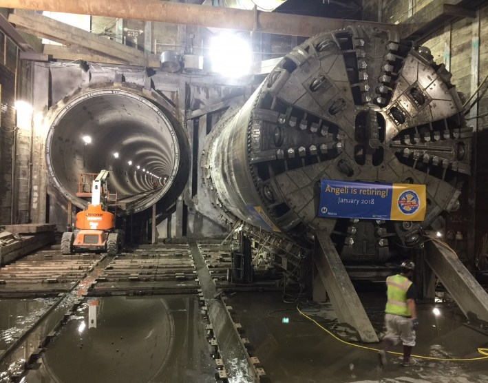 The Regional Connector TBM sitting in fromt of the two tunnels it completed