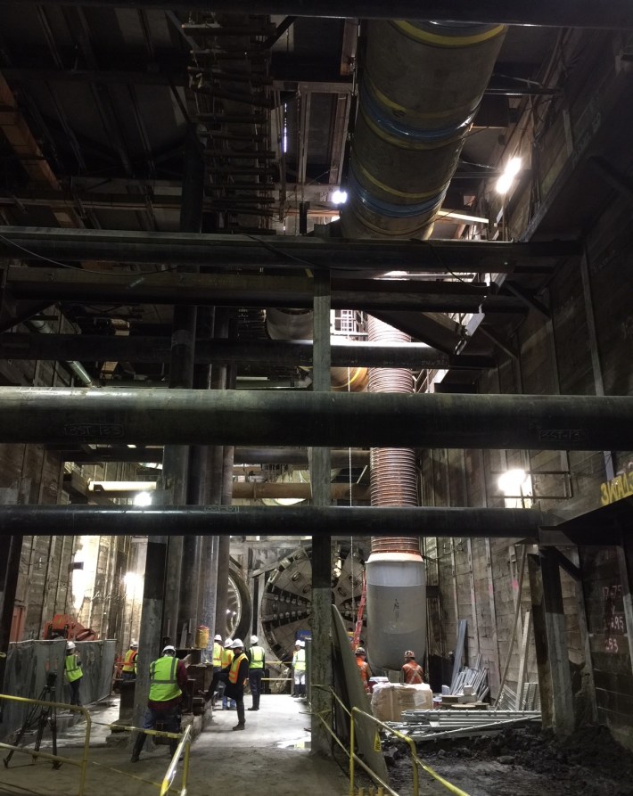 The Regional Connector TBM is currently below ground at its extraction pit below Flower Street.