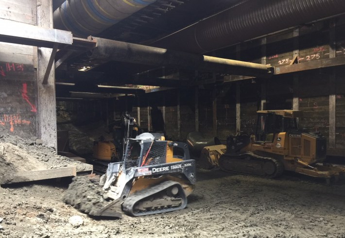 Below Flower Street, construction continues to connect the Regional Connector tunnels to 7th/Metro Station