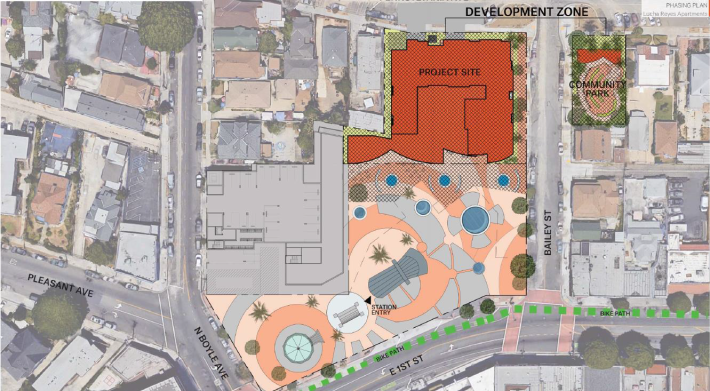 Site of proposed project for Mariachi Plaza - housing in red, at left, and a park to the right. Source: Metro