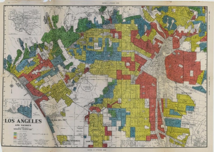 HOLC Map of Los Angeles(Yellow and especially red areas were prevented from getting loans)