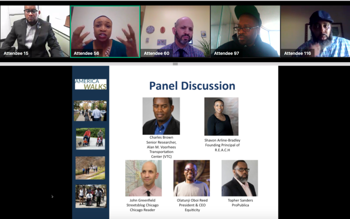 Charles Brown, left, and panelists Shavon Arline Bradley, John Greenfield, Oboi Olatunji Reed, and Topher Sanders during the webinar.