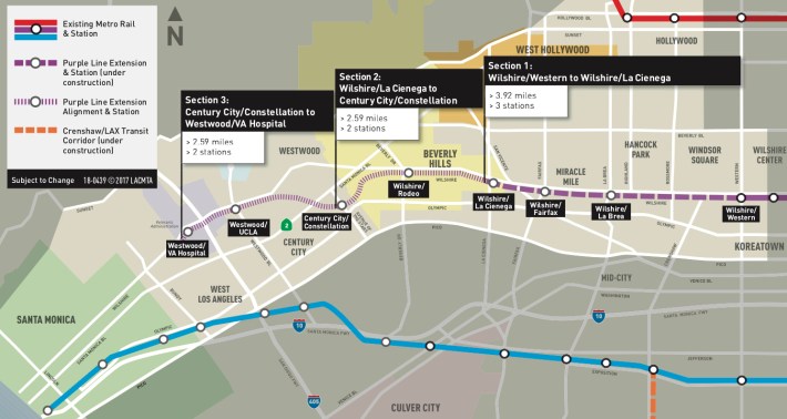 Three-phase Westside Purple Line extension map - via Metro