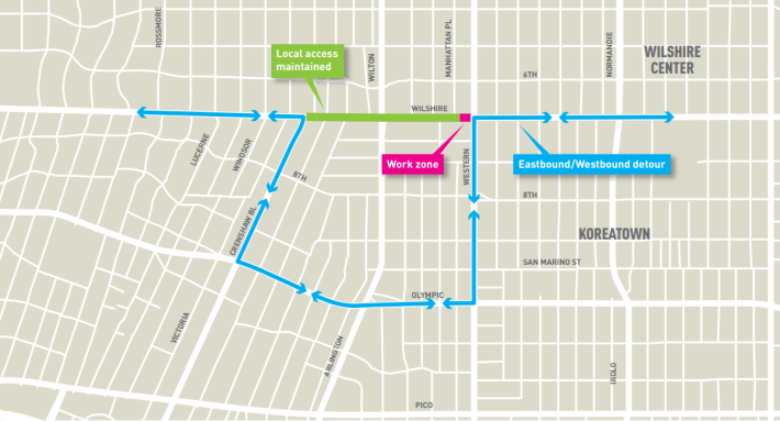 Wilshire buses will continue to detour south on to Olympic Boulevard until Monday morning. Map via Metro's The Source