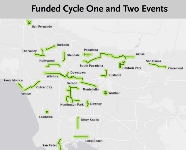 Past Metro grants have extended open streets events throughout much of L.A. County. Map from Metro staff report