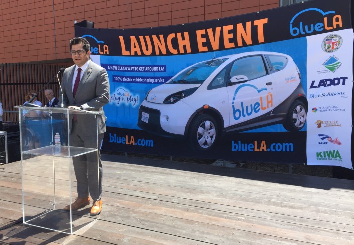 Representative Jimmy Gomez welcoming BlueLA car-share