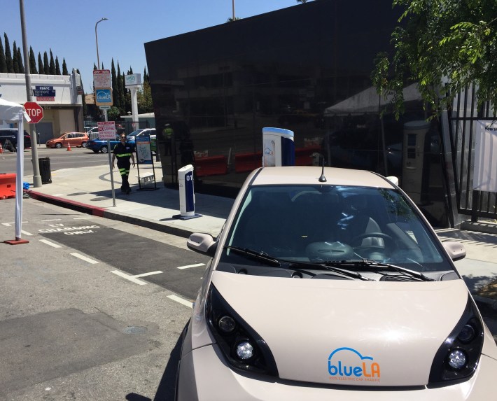 BlueLA car-share stations are located at the north end of the campus on Willow Brook Avenue, just west of Vermont Avenue, next to the southern entrance of the Metro Red Line Vermont/Santa Monica Station