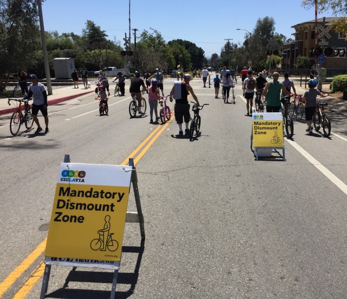 Yesterday's CicLAvia route crossed the Metrolink San Bernardino Line tracks several times. The next phase of the Foothill Gold Line will also run in this right-of-way.