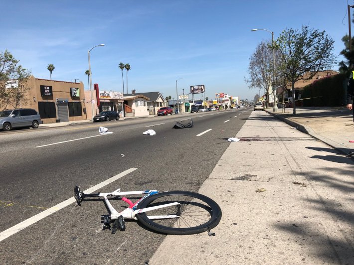 The photo of the scene where 22-year-old Frederick "Woon" Frazier was hit at Manchester, near Normandie. Photo circulated by Capt. Jonathan Tom, LAPD