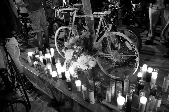 The ghost bike placed by Danny Gamboa and other Ghost Bike Volunteers to honor Frazier's memory. Sahra Sulaiman/Streetsblog L.A.