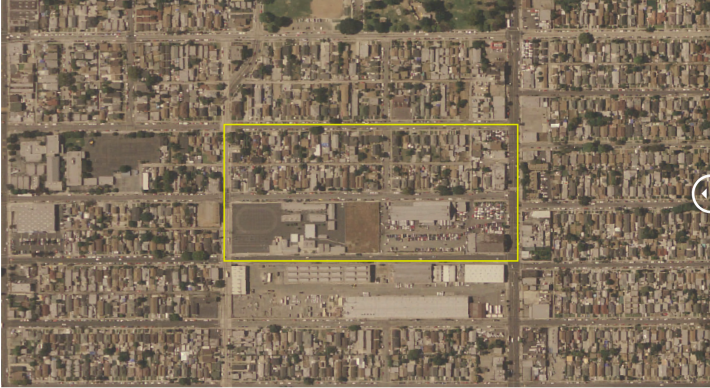 2005 view of the homes razed to make way for the school. The southern edge of South Park is visible, at top.