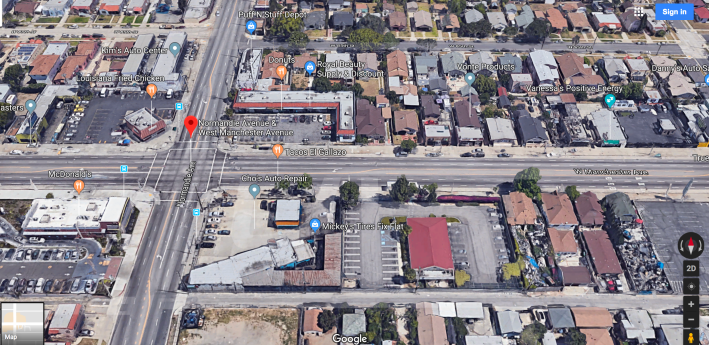 Manchester and Normandie. Frazier was struck between Tacos El Gallazo and Vonte Products. (Google maps)