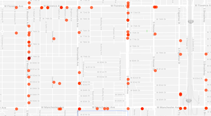 Vision Zero mapping of collisions in South L.A. Manchester runs east-west, at bottom. The heavily dotted Western Ave. runs north-south, at left. Vermont runs north-south, at right. Source: Vision Zero L.A.