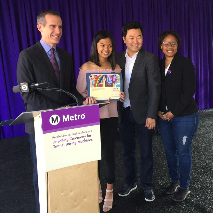 Left to right: Mayor Eric Garcetti, student Marianne Gutierrez who named the TBMs, Councilmember David Ryu, and Metro Deputy CEO Stephanie Wiggins