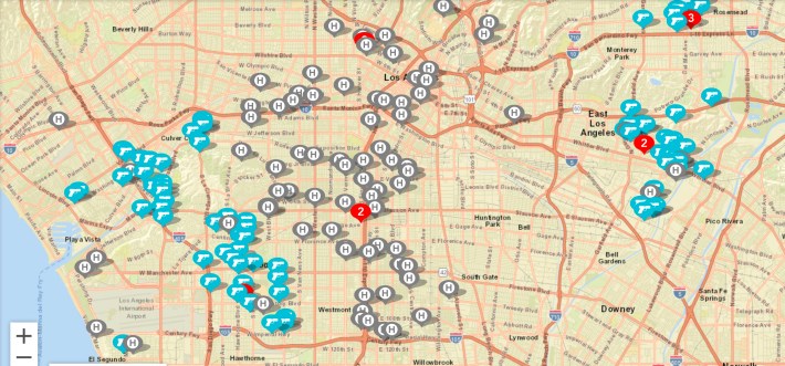 Disenfranchised communities bear the brunt of gun violence. The grey "H"s mark homicides between the end of October, 2017, and the end of April, 2018, according to the LAPD comstat database.