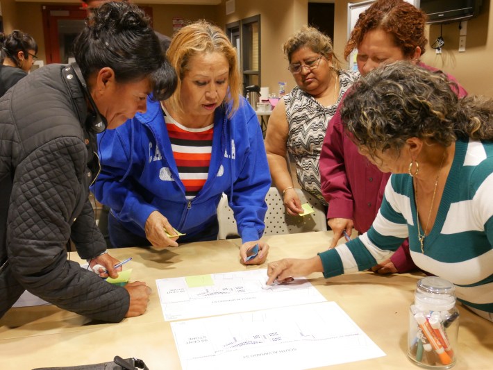 In a workshop led by consultant Monique López, street vendors weigh the pros and cons of alternative configurations of the MacArthur Park vending district. Image courtesy of Monique López