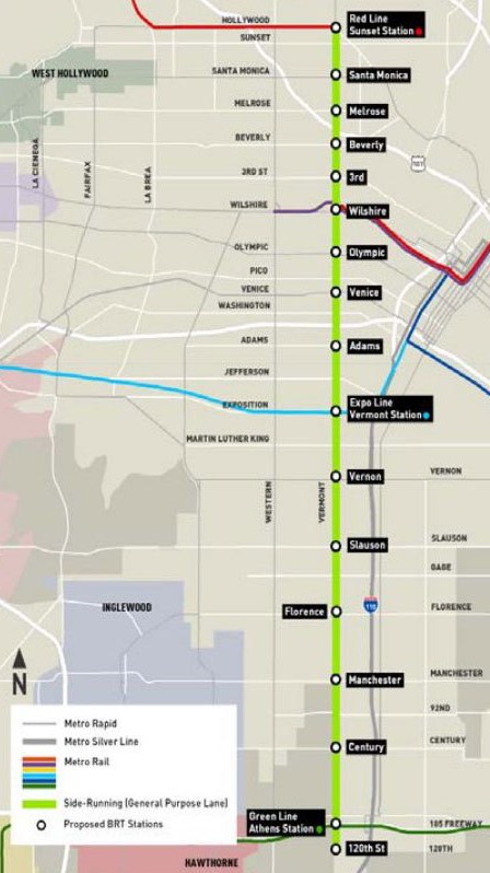 Proposed Vermont Avenue BRT stations. Map via Metro