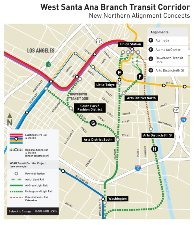 Four of eight alignments proposed to connect the West Santa Ana Branch rail line into downtown L.A. Map via Metro