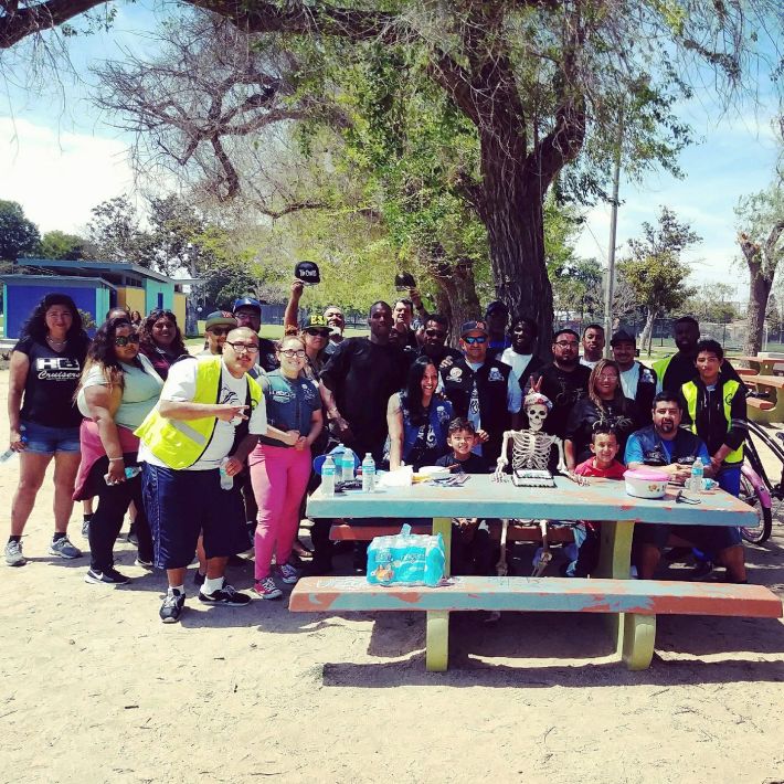 Los Ryderz after the ride in Ted Watkins Park with other supporting clubs and Pepe. Source: JP Partida