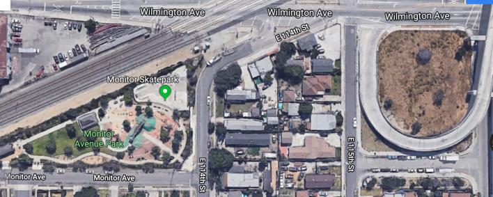 Monitor Park sits just to the north of the proposed park site (and has a small skate park tailored to beginners). The Arvella Grigsby loop can be seen at the bottom right of the frame - it's a block-long walking loop on a narrow strip of land left over from the off-ramp construction. (Google maps)