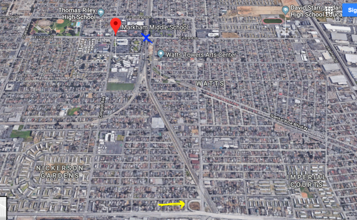 The location of the new skate/bike park (see yellow arrow) puts it at some distance from Markham Middle School (red marker at top). But the fact that Markham is adjacent to the 103rd Street Blue Line stop (blue "x") and the park will be located at the next stop on the line may help with access for students. (Google maps)