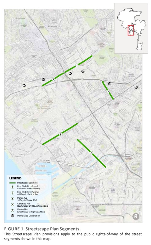 The streetscape plan includes multimodal upgrades to five Westside street segments. Map via city plan