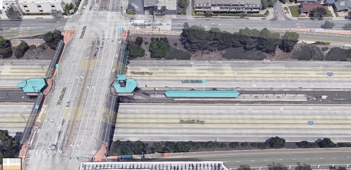 Noise levels tended to be worse at stations directly under roadways. Offset stations (Lake Avenue Gold Line Station pictured) are somewhat less noisy. Image via Google maps