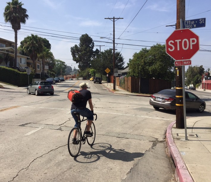 No repairs yet at the intersection of Griffith Park Blvd and Effie Street where cyclist Brian O’Hare fell and sued the city, winning $500,000